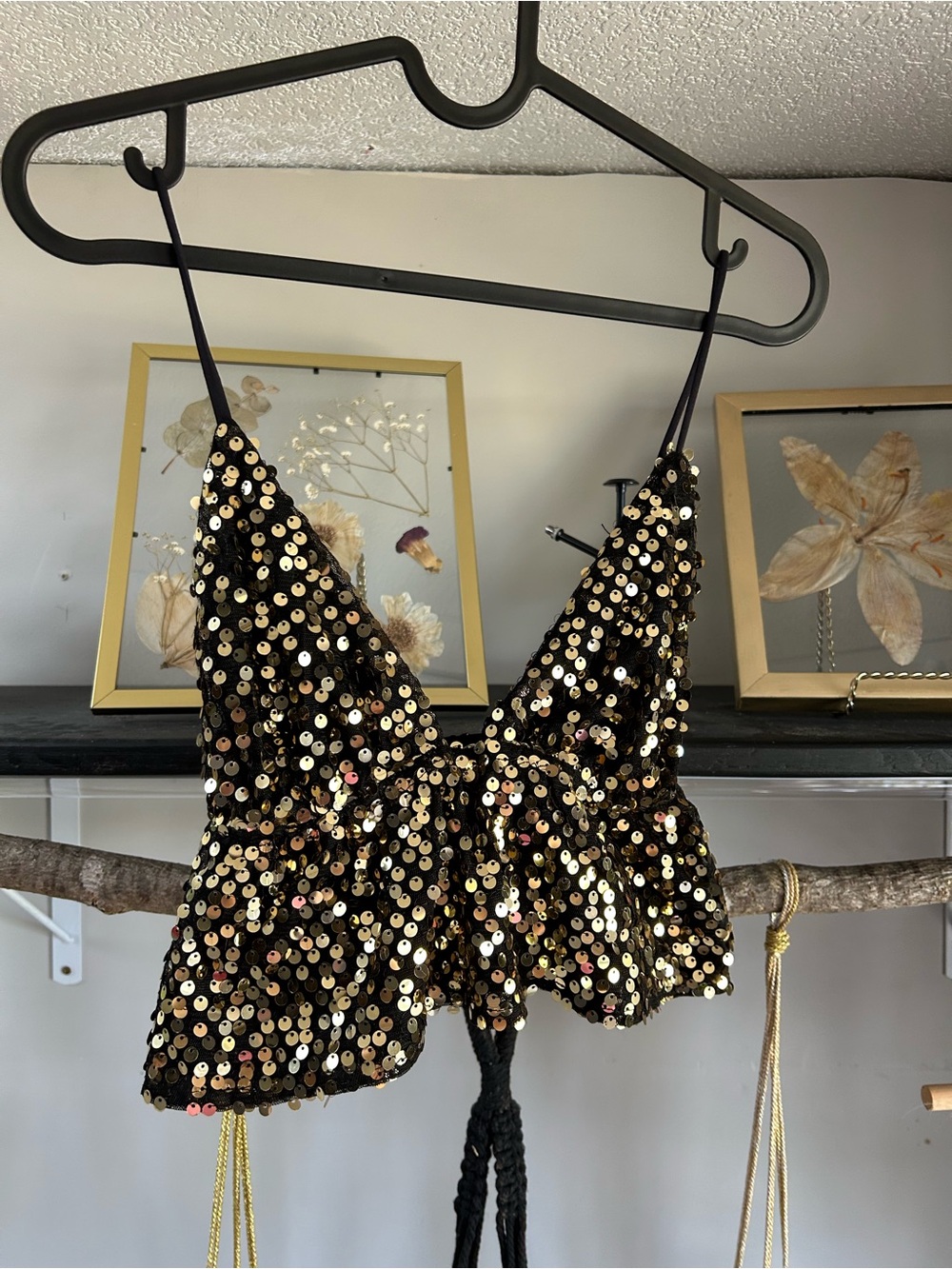 Black Sequin Crop Top with Gold Sequins